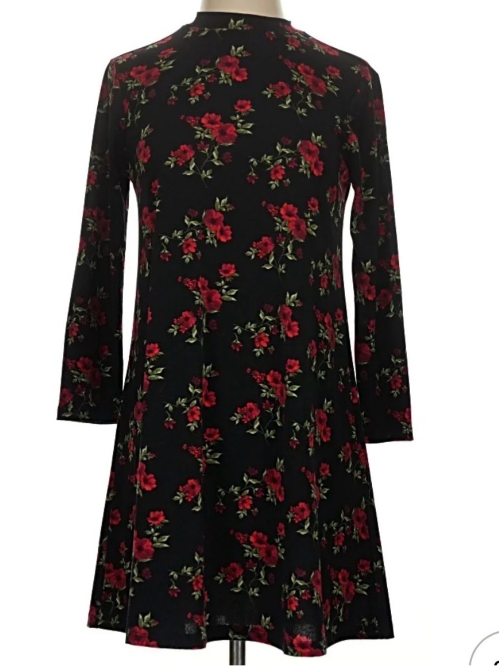 Black Floral Long Sleeve Swing Dress with Red Rose Print